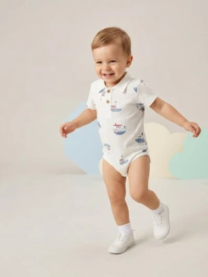 Sinsay - Bawełniane body polo z nadrukiem statków - kremowy