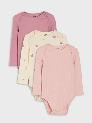 Sinsay - Bawełniane body z długim rękawem i motywem kwiatowym 3 pack - kremowy