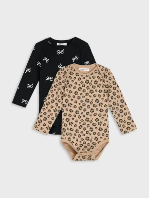 Sinsay - Bawełniane body z motywem panterki i kokardy 2 pack - beżowy