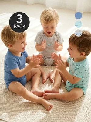 Sinsay - Bawełniane body z nadrukiem pojazdów 3 pack - niebieski