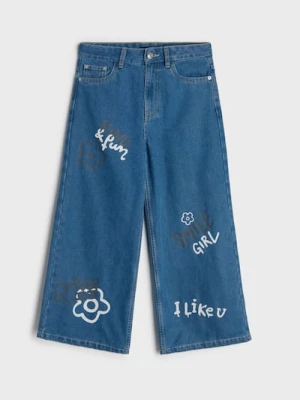 Sinsay - Bawełniane jeansy wide leg - niebieski