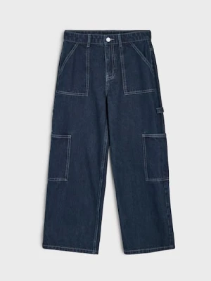 Sinsay - Bawełniane jeansy wide leg - niebieski