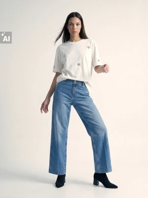 Sinsay - Bawełniane jeansy wide leg - niebieski