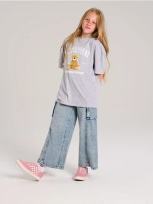 Sinsay - Bawełniane jeansy wide leg z efektem sprania - niebieski