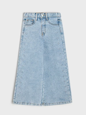 Sinsay - Bawełniane jeansy wide leg z haftem gwiazdek - niebieski