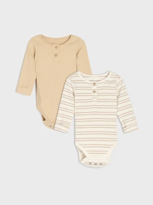 Sinsay - Bawełniane prążkowane body z długim rękawem 2 pack - kremowy