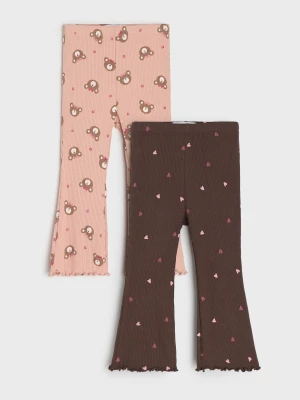 Sinsay - Bawełniane prążkowane legginsy flare z motywem misiów i serc 2 pack - brązowy