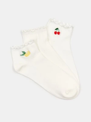 Sinsay - Bawełniane skarpetki z ozdobnymi falbankami 3 pack - kremowy