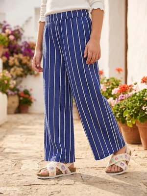 Sinsay - Bawełniane spodnie wide leg w paski - niebieski