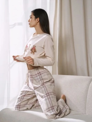 Sinsay - Bawełniania piżama dwuczęściowa z nadrukiem misiów - kremowy