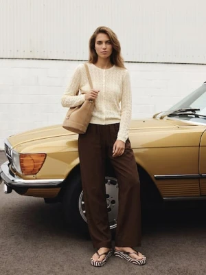 Sinsay - Bawełniany ażurowy kardigan - kremowy