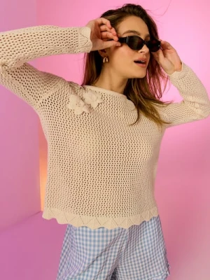 Sinsay - Bawełniany ażurowy sweter z haftowanymi kwiatami - kremowy