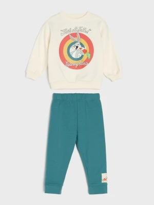 Sinsay - Bawełniany komplet: bluza crewneck i spodnie jogger z nadrukiem Looney Tunes - kremowy