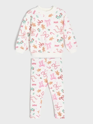 Sinsay - Bawełniany komplet: bluza i legginsy z motywem świątecznym - kremowy