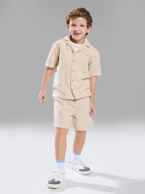 Sinsay - Bawełniany komplet: koszula i szorty - beżowy