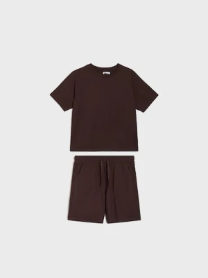 Sinsay - Bawełniany komplet: koszulka i szorty - brązowy