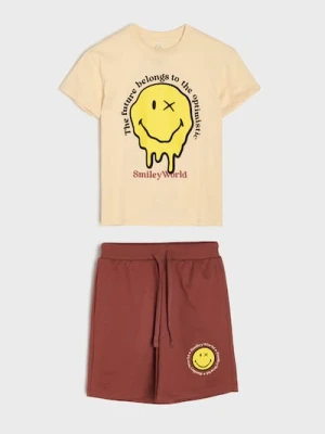 Sinsay - Bawełniany komplet loose fit: koszulka i szorty SmileyWorld® - bordowy