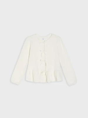 Sinsay - Bawełniany sweter kardigan z ozdobnymi kokardami - kremowy