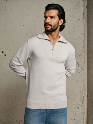 Sinsay - Bawełniany sweter z wysokim kołnierzem - beżowy