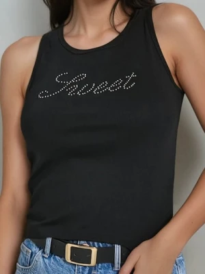 Sinsay - Bawełniany top z napisem z cyrkonii - czarny