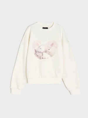 Sinsay - Bluza boxy crewneck z motywem królików - kremowy