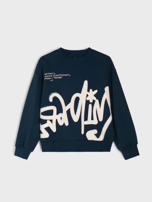 Sinsay - Bluza crewneck loose z nadrukiem - granatowy