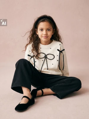 Sinsay - Bluza crewneck z bawełną i motywem kokard - kremowy