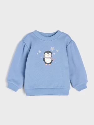 Sinsay - Bluza crewneck z bufiastymi rękawami i nadrukiem pingwina - niebieski