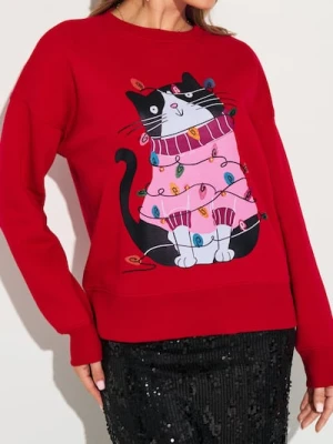 Zdjęcie produktu Sinsay - Bluza crewneck z motywem świątecznym - czerwony