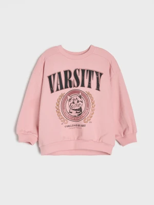 Sinsay - Bluza crewneck z nadrukiem kota z dzianiny terry - różowy