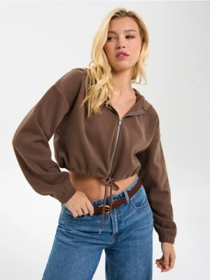 Sinsay - Bluza crop z kapturem - brązowy