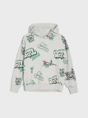Sinsay - Bluza hoodie loose fit z motywem graffiti - szary