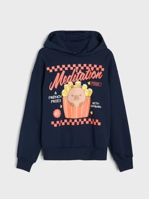 Sinsay - Bluza hoodie z nadrukiem Capybara - granatowy
