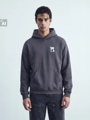 Sinsay - Bluza hoodie z nadrukiem na plecach z bawełną - szary