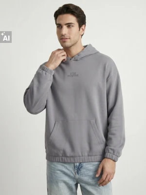Sinsay - Bluza hoodie z napisem Stay Positive - szary