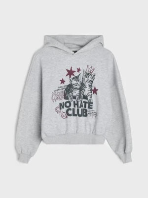 Sinsay - Bluza z kapturem z nadrukiem kotów - szary