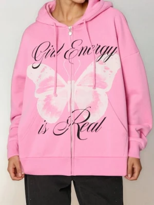 Sinsay - Bluza zip hoodie z nadrukiem - różowy