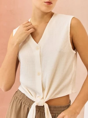 Sinsay - Bluzka koszulowa bez rękawów - kremowy