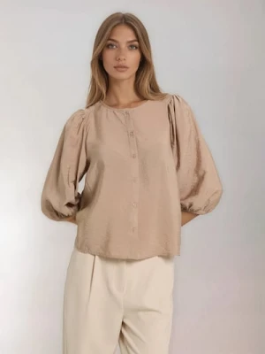 Sinsay - Bluzka koszulowa z bufiastymi rękawami i wiskozą - beżowy