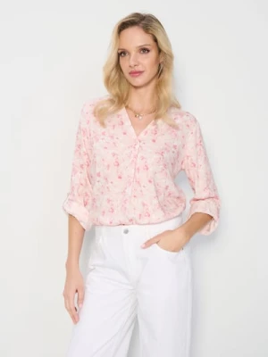 Sinsay - Bluzka koszulowa z dekoltem V w kwiaty z wiskozy - różowy