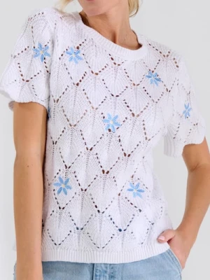 Sinsay - Bluzka swetrowa z haftowanymi kwiatami - kremowy