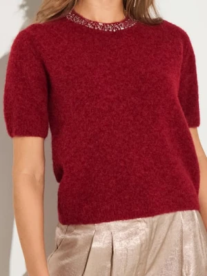 Sinsay - Bluzka swetrowa ze zdobionym dekoltem z domieszką wełny - czerwony