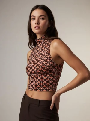Sinsay - Bluzka typu crop z golfem i geometrycznym nadrukiem - brązowy