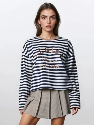 Sinsay - Bluzka w paski z napisem - granatowy