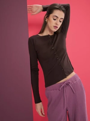 Sinsay - Bluzka z bawełną z długim rękawem - brązowy