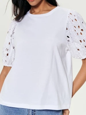 Sinsay - Bluzka z bufiastymi ażurowymi rękawami - kremowy