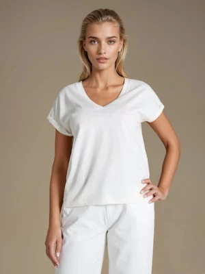 Sinsay - Bluzka z dekoltem V z ozdobnymi dżetami - kremowy