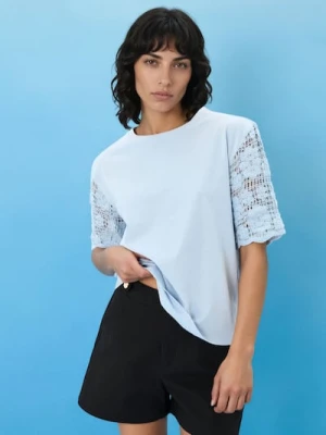 Sinsay - Bluzka z dekoracyjnym krótkim rękawem crochet - błękitny