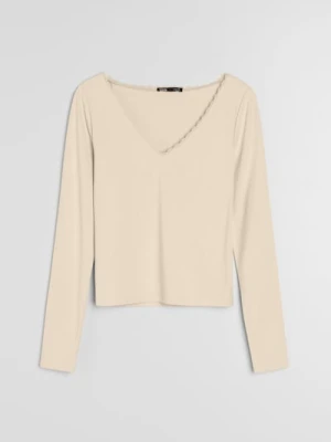 Sinsay - Bluzka z długim rękawem i koronką przy dekolcie - żółty