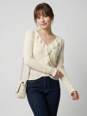 Sinsay - Bluzka z długim rękawem i ozdobną falbaną - kremowy